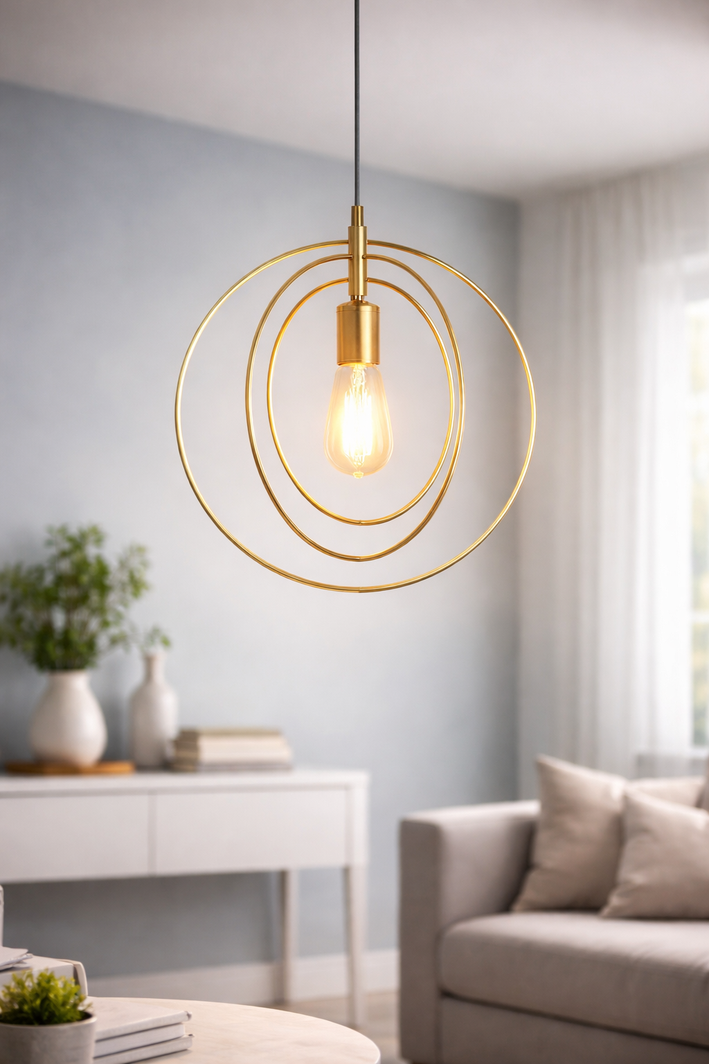 LÁMPARA COLGANTE DORADA C/TRES AROS JH-102