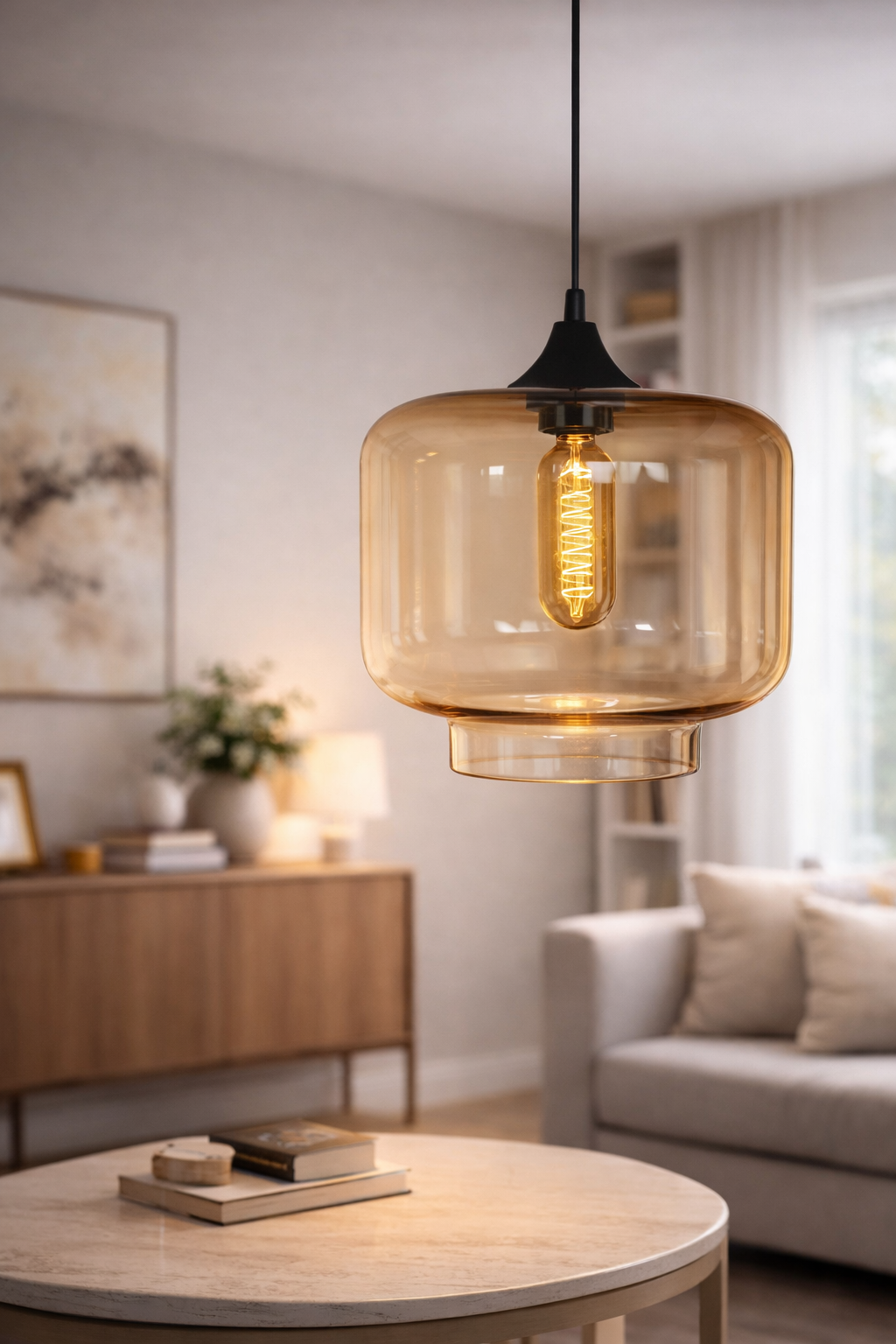 LÁMPARA COLGANTE VIDRIO C/BASE NEGRA JH-035